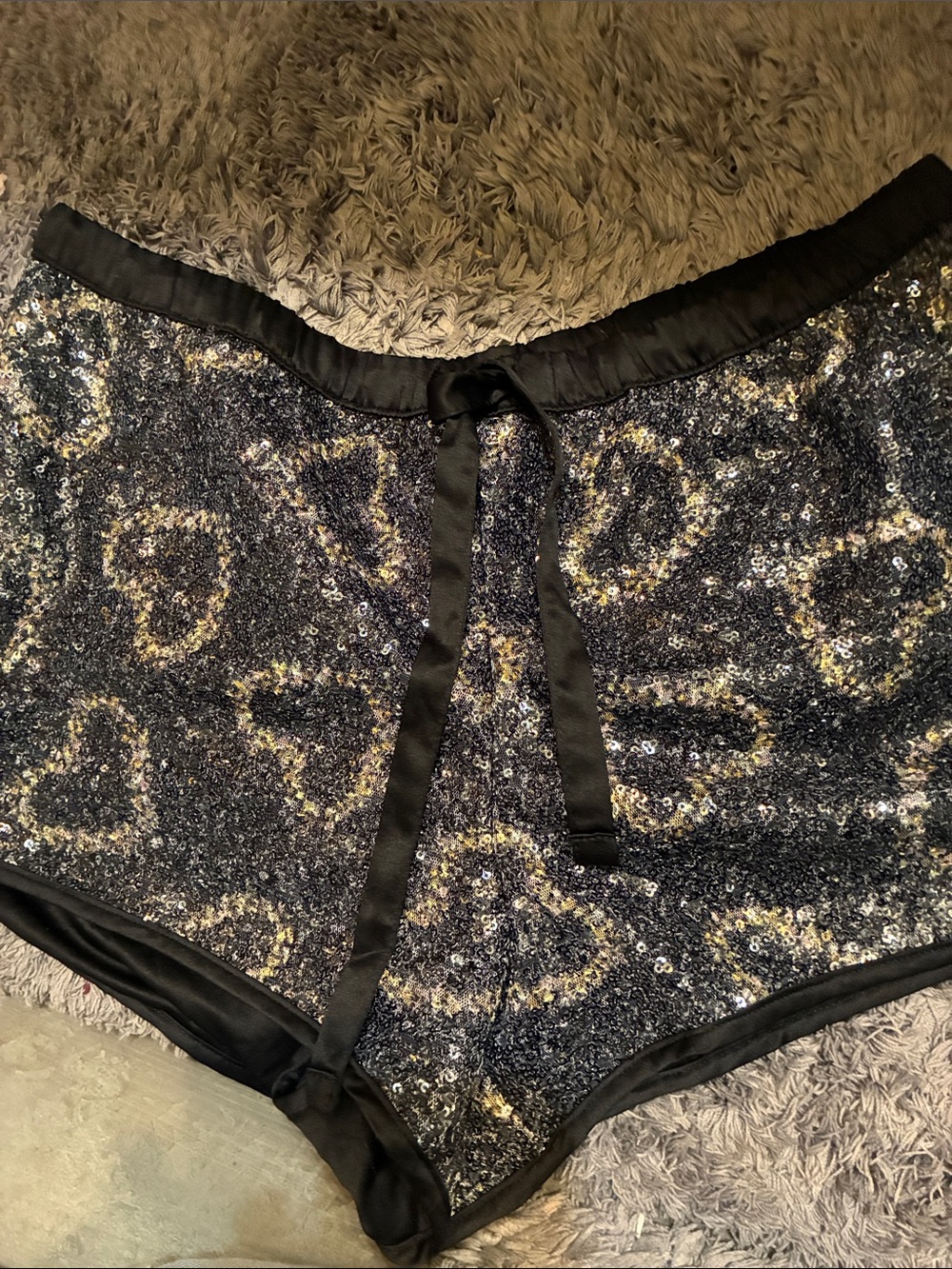 VS Sequin Heart High-Waist Sleep Shorts - Black with Gold Hearts